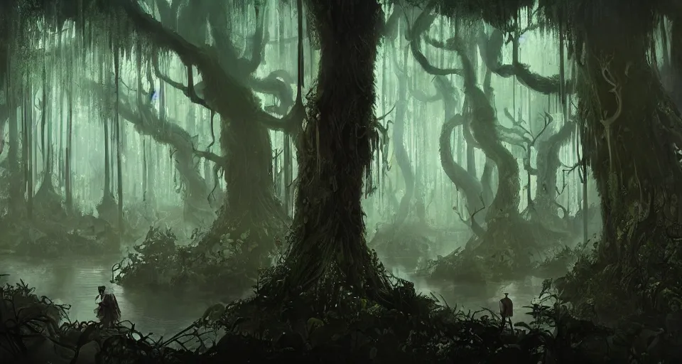 Image similar to A dense and dark enchanted forest with a swamp, by Pixar Concept Artists