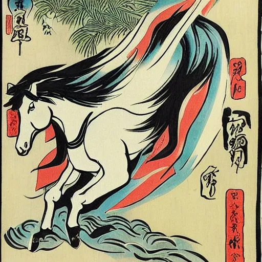 Prompt: white horse practicing karate, fantasy, by utagawa kuniyoshi