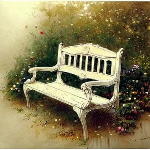 Image similar to ( ( ( ( ( beautiful garden bench. muted colors. ) ) ) ) ) by jean - baptiste monge!!!!!!!!!!!!!!!!!!!!!!!!!!!