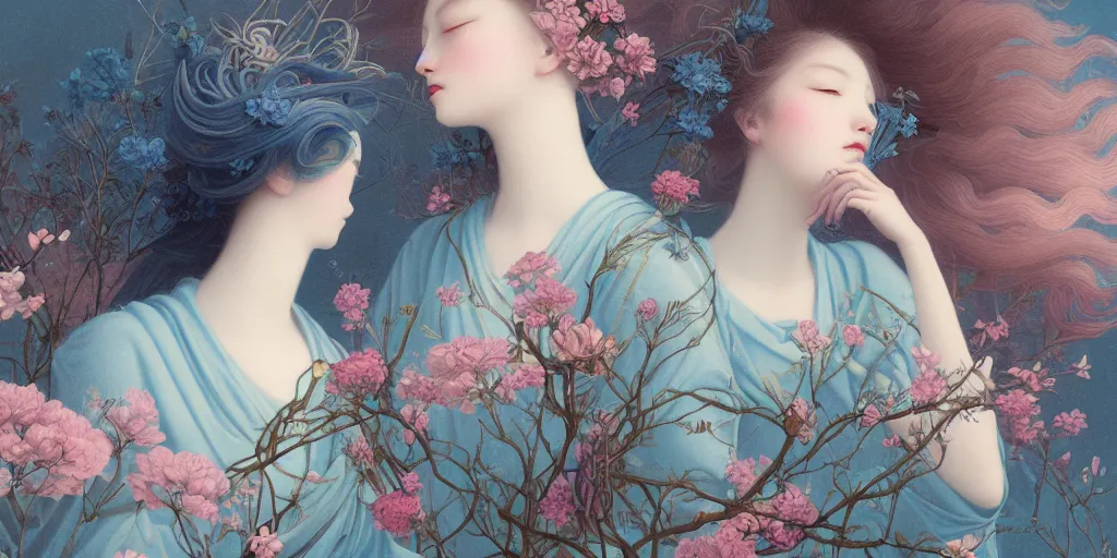 Prompt: breathtaking detailed concept art painting blend of two goddess of light blue flowers by hsiao ron cheng, vintage illustration pattern with bizarre compositions blend of flowers and fruits and birds by beto val and john james audubon, exquisite detail, extremely moody lighting, 8 k