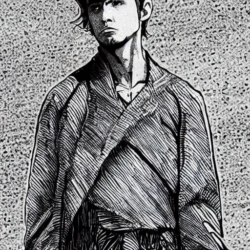 Image similar to pen and ink!!!! attractive 22 year old geotic George Harrison x Ryan Gosling golden!!!! Vagabond!!!! Dune floating magic swordsman!!!! glides through a beautiful!!!!!!! battlefield magic the gathering dramatic esoteric!!!!!! pen and ink!!!!! illustrated in high detail!!!!!!!! by Moebius and Hiroya Oku!!!!!!!!! graphic novel published on Cartoon Network MTG!!! 2049 award winning!!!! full body portrait!!!!! action exposition manga panel