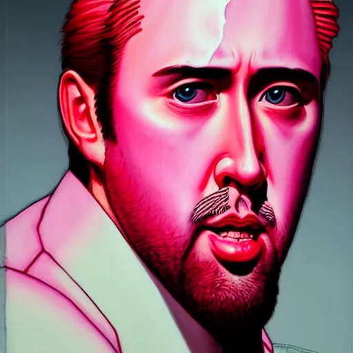 Prompt: prompt : pink nicolas cage portrait soft light painted by james jean and katsuhiro otomo and erik jones, inspired by evangeleon anime, smooth face feature, intricate oil painting, high detail illustration, sharp high detail, manga and anime 1 9 9 9