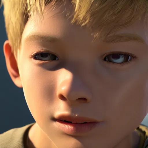 Image similar to detailed face of boy with blonde hair and brown eyes, unreal engine 5 rendered, incredibly highly detailed and realistic, 8 k, sharp focus, studio quality