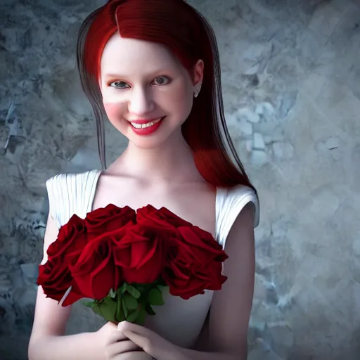 Prompt: Photo portrait, cute teen girl with red hair dressed in white baby doll dress smiling, wearing natural makeup, holding a bouquet of roses in her hands, ultrarealistic, hyperrealism, cinematic, intricate detail, 3D rendered, photo realistic, clean detail, octane rendering, vray, unreal engine 5, 8k