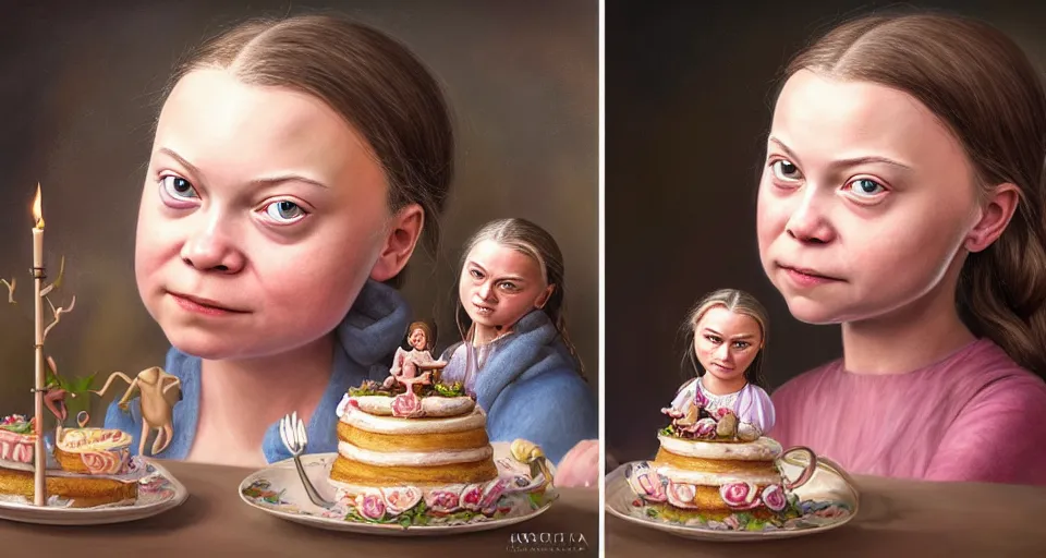 Image similar to closeup profile portrait of greta thunberg as a fairytale princess eating cakes with a a medieval goblin in the castle kitchen, nicoletta ceccoli, mark ryden, lostfish, max fleischer, hyper realistic, artstation, illustration, digital paint, matte paint, vivid colors, bright, cheerful, detailed and intricate environment