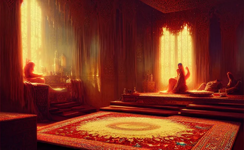 Image similar to magic fluffy Persian carpet dimension, by Greg Rutkowski and Gaston Bussiere, dim lighting, beautiful volumetric-lighting-style atmosphere, surreal atmosphere, intricate, detailed, photorealistic imagery, artstation