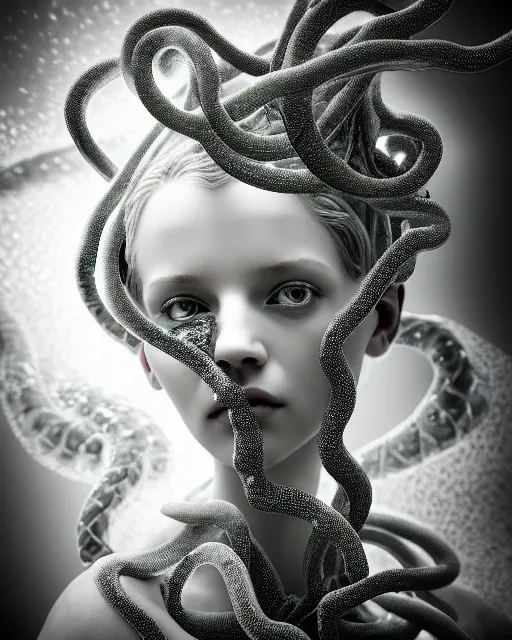 Image similar to surreal mythical dreamy underwater artistic black and white photo of a translucent beautiful young female angelic - medusa - vegetal - cyborg - doll covered with fish scales, highly detailed, intricate crystal ivy jelly fish scales ornate, poetic, translucent algae ornate, digital art, octane render, 8 k artistic photography, photo - realistic, by diane arbus in the style of gustave dore