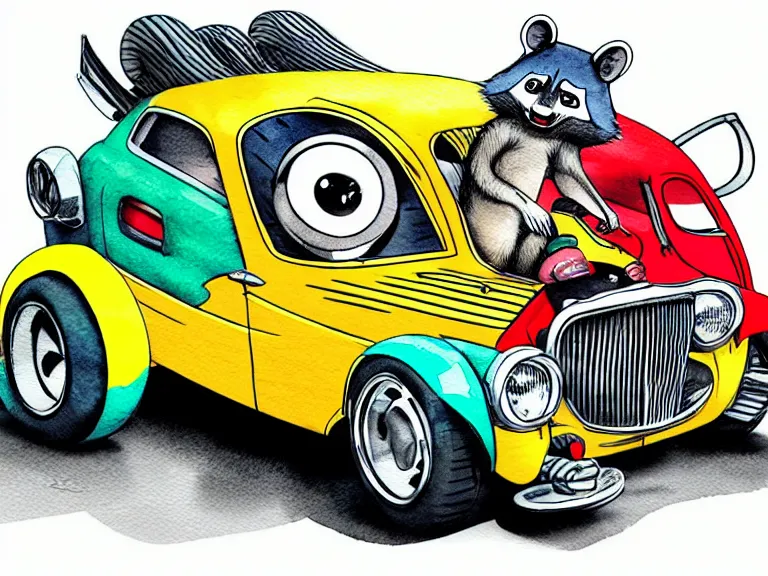 Image similar to cute and funny, racoon riding in a tiny hot rod coupe with oversized engine, ratfink style by ed roth, centered award winning watercolor pen illustration, isometric illustration by chihiro iwasaki, edited by range murata