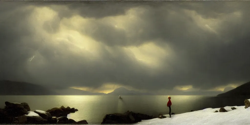 Image similar to a princess, big monster on the horizon, snowy fjord, storm clouds, dramatic lighting, hudson river school, afternoon