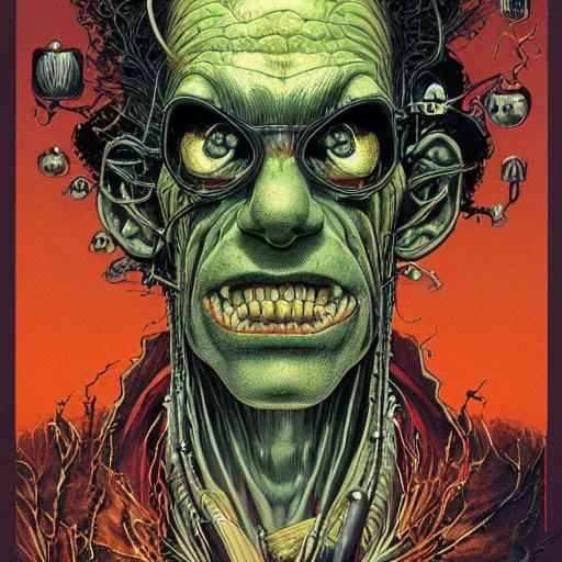 Prompt: portrait of crazy frankenstein, symmetrical, by yoichi hatakenaka, masamune shirow, josan gonzales and dan mumford, ayami kojima, takato yamamoto, barclay shaw, karol bak, yukito kishiro