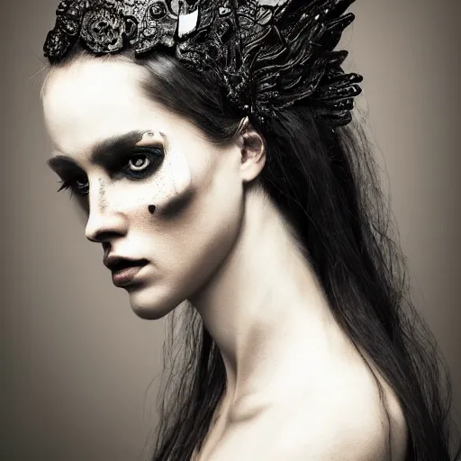 Image similar to a portrait of female model by stefan geselle and nekro borja, photorealistic, intricate details, hyper realistic, dark fantasy, ornate headpiece, dark beauty, photorealistic, canon r 3, photography, wide shot, photography, dark beauty, symmetrical features, unreal engine