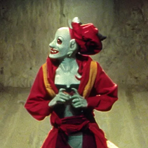 Prompt: kobold female jester, movie still by wes craven