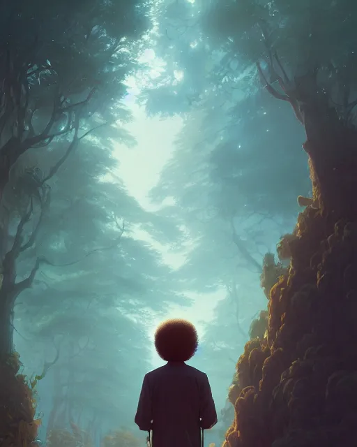 Image similar to highly detailed surreal vfx portrait of bob ross, stephen bliss, unreal engine, greg rutkowski, loish, rhads, beeple, makoto shinkai and lois van baarle, ilya kuvshinov, rossdraws, tom bagshaw, alphonse mucha, global illumination, detailed and intricate environment