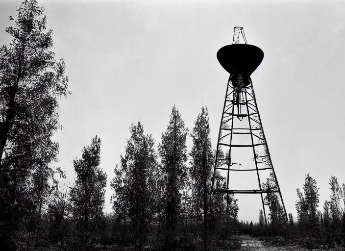 Image similar to black and white photograph with a realistic high - resolution wide - angle lens of the soviet duga - 3 antenna at chernobyl.