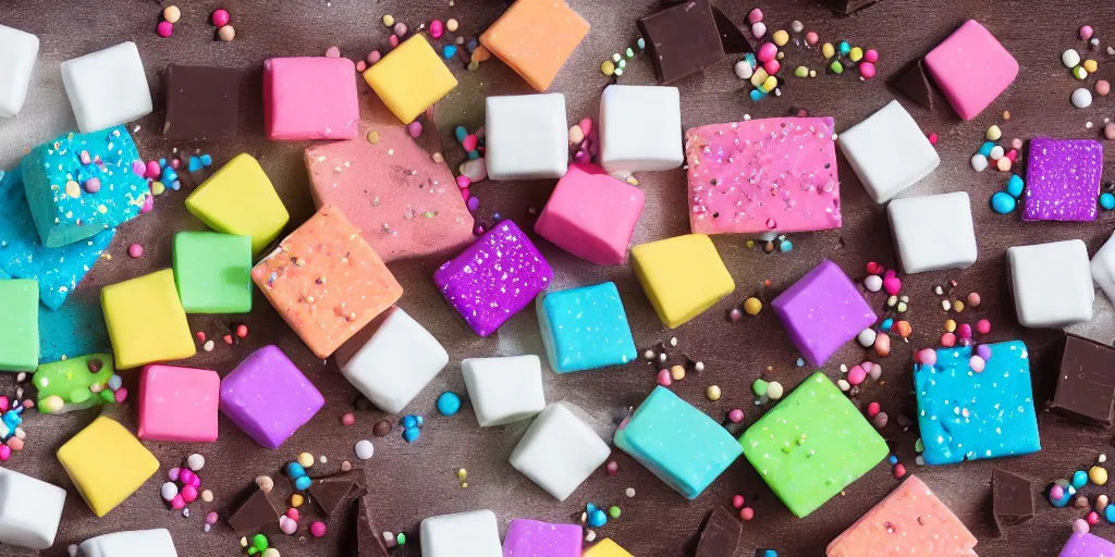 Image similar to photograph of a marshmallow cubes with sprinkles and on a dark wooden chopping board, pastel colours, hessian cloth, styled food photography, photorealistic, 4 k, coffee, chocolate, hdr, 8 k