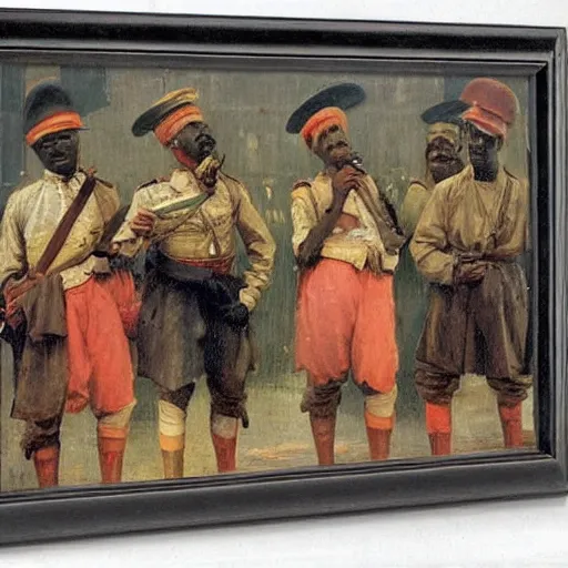 Prompt: british colonial officers in Lagos, 1905, bright colours highly detailed, oil on canvas, by Ilya Repin