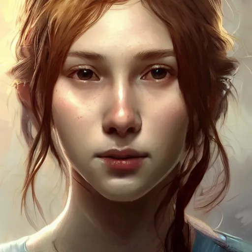 Image similar to Girl from TLOU with a pronounced Caucasoid-Slavic features, thin lips, pronounced cheekbones, light brown hair of medium length (longer caret), highly detailed, digital painting, artstation, concept art, smooth, sharp focus, illustration, ArtStation, art by artgerm and greg rutkowski and alphonse mucha and J. C. Leyendecker and Edmund Blair Leighton and Katsuhiro Otomo and Geof Darrow and Phil hale and Ashley wood and Ilya repin and Charlie Bowater