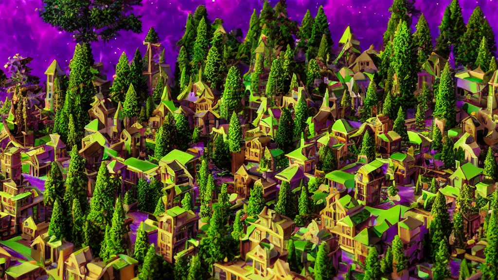 Prompt: portrait of an ethereal vaporwave wooden village made of golden lavender and green light, evergreen forest, divine, cyberspace, mysterious, high-contrast, 4k, award-winning photograph