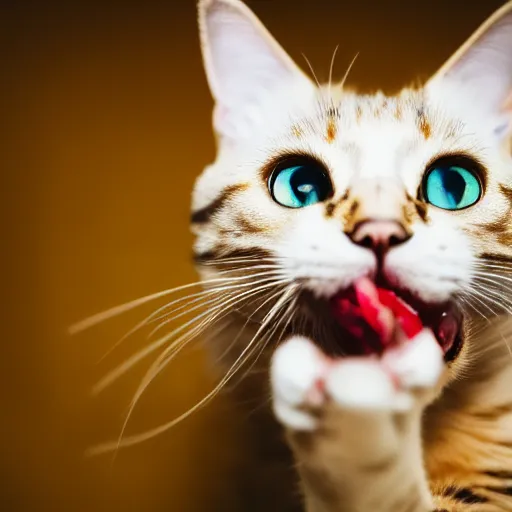 Image similar to photograph of a cat biting someone’s foot, portrait, close up, shallow depth of field, 40mm lens