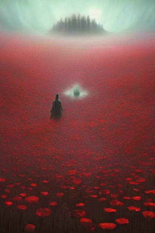 Image similar to VAST FOREST, dreamlike, psychedelic, otherworldly, weird, cyberpunk, vaporware, interesting details, volumetric lighting, dramatic, fantasy, by Moebius, by zdzisław beksiński, ARTGERM, Fantasy LUT, epic composition, 8k, red poppies,