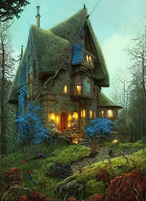 Image similar to hyper realistic homely ornate modern witch cottage far away in the woods gorgeous lighting, blue sky, highly detailed, lush forest by zdzisław beksinski and norman rockwell and greg rutkowskiweta studio, and lucasfilm