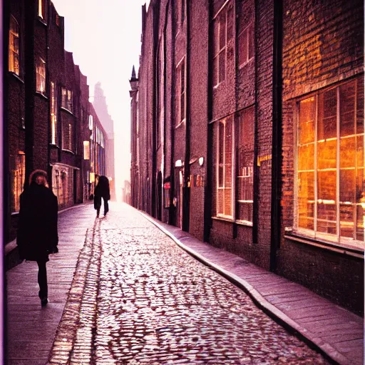 Image similar to photo, london cobblestone street at night, 5 0 mm f / 1. 4, cinestill 8 0 0,