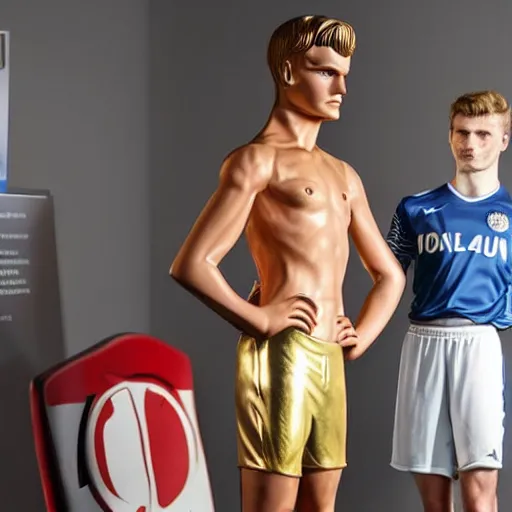 Image similar to a realistic detailed photo of a guy who is an attractive humanoid who is half robot and half humanoid, who is a male android, soccer players martin ødegaard & timo werner, shiny skin, posing like a statue, blank stare, in a living room, on display, showing off his muscles, gold soccer shorts, side view