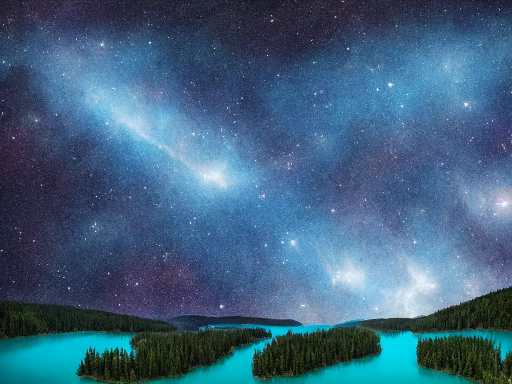 Image similar to nebula above a clear blue lake in the middle of an evergreen forest