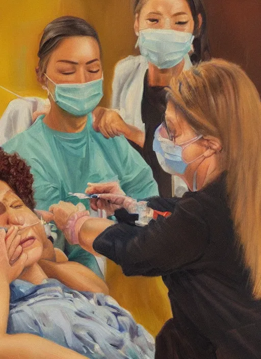 Image similar to oil painting of women getting vaccinated, high details, art by axion