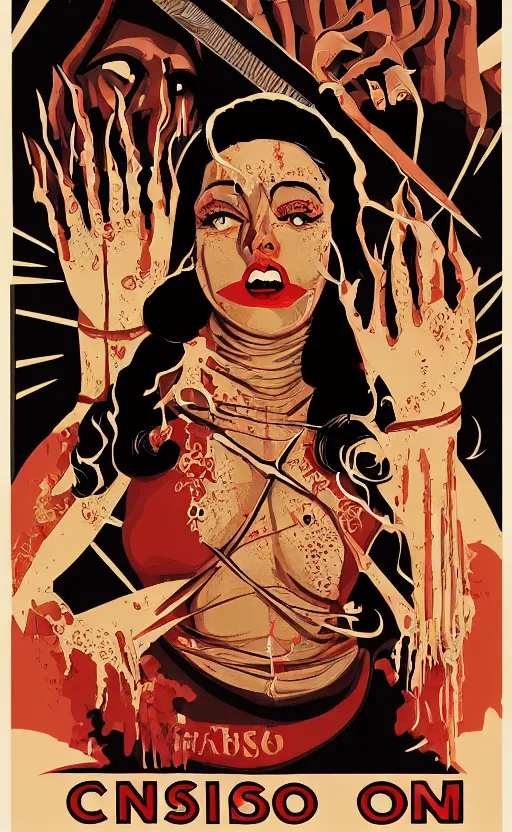 Image similar to 8 k cursed with necronomicon horrorcore cel animation poster depicting dominican woman with sharp nails, intricate faces, metropolis, 1 9 5 0 s movie poster, post - processing, vector art