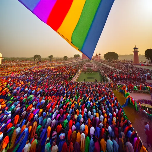 Image similar to photo of crowd of men with rainbow flags dancing at ( ( ( ( taj mahal ) ) ) ), cinematic color grading, soft light, faded colors, well framed, sharp focus, 8 k