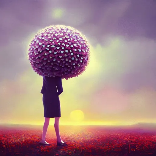 Image similar to giant daisy flower head, frontal, girl in a suit, surreal photography, sunrise, dramatic light, impressionist painting, digital painting, artstation, simon stalenhag