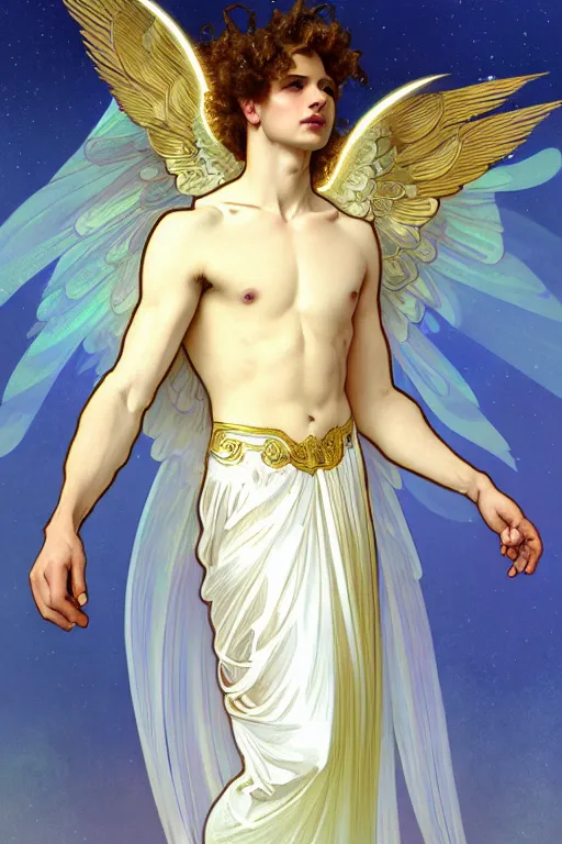 Prompt: fullbody portrait of a beautiful young fit male angel with curly blond hairs, soft smile, closed eyes, blessing palms, dressed in long fluent skirt, majestic symmetrical wings, luminous halo, by greg rutkowski and alphonse mucha, gradient white to gold, in front of an iridescent background, highly detailed portrait, digital painting, smooth, focus illustration