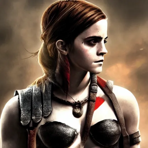 Image similar to Emma Watson as Kratos, brutal, portrait