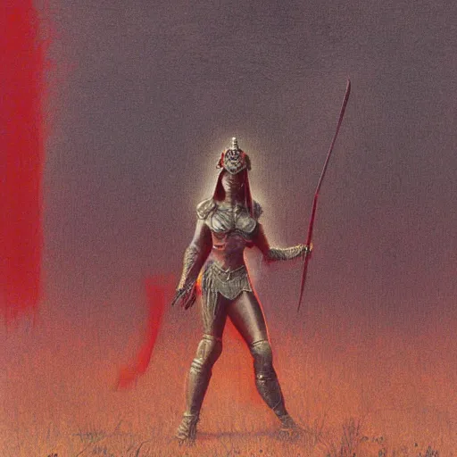 Prompt: Warrior princess with red armor in the style of Zdzislaw Beksinski