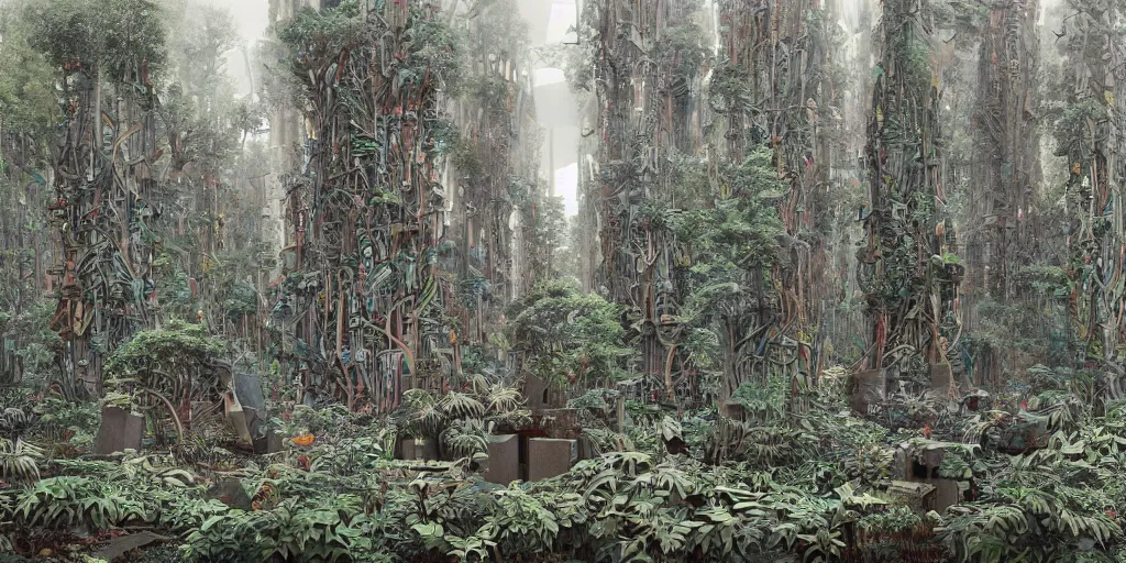 Image similar to 3d forest scene in the year 2020 with a single small brutalism monument in the center by james jean