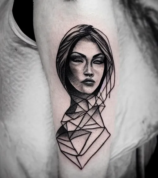 Image similar to creative blend effect of beautiful mountain scenery with a beautiful woman face, tattoo design sketch, hyper - realistic, in the style of matteo pasqualin, amazing detail, black and white