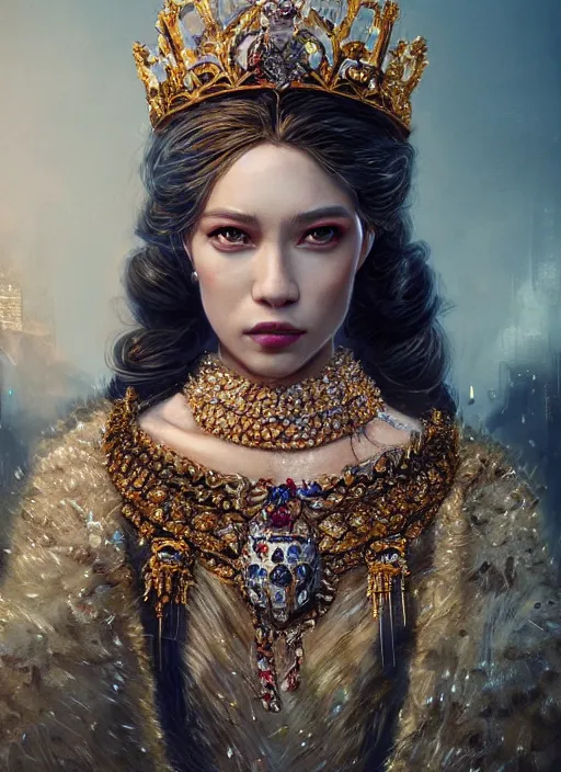 Image similar to A fancy portrait of a beautiful queen covered in jewelry by Greg Rutkowski, Sung Choi, Mitchell Mohrhauser, Maciej Kuciara, Johnson Ting, Maxim Verehin, Peter Konig, Bloodborne, 8k photorealistic, cinematic lighting, HD, high details, dramatic, atmospheric , trending on artstation