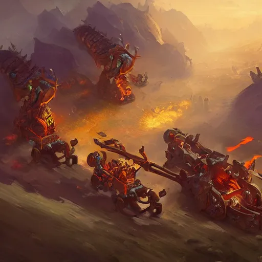 Image similar to a fiery catapult cart wheels chariots, yellow battlefield theme, bright art masterpiece artstation. 8 k, sharp high quality artwork in style of jose daniel cabrera pena and greg rutkowski, concept art by tooth wu, blizzard warcraft artwork, hearthstone card game artwork, cart wheels