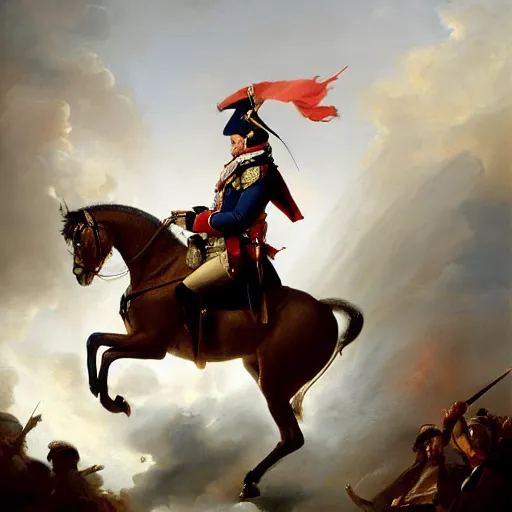 Image similar to a dramatic epic ethereal portrait of Napoleon in French revolutionary wars, 18th century, full body with dynamic pose, male, detailed face, cinematic lighting, highly detailed oil on canvas painting by Greg Rutkowski, winning-award digital art trending on Artstation H 1024 W 832