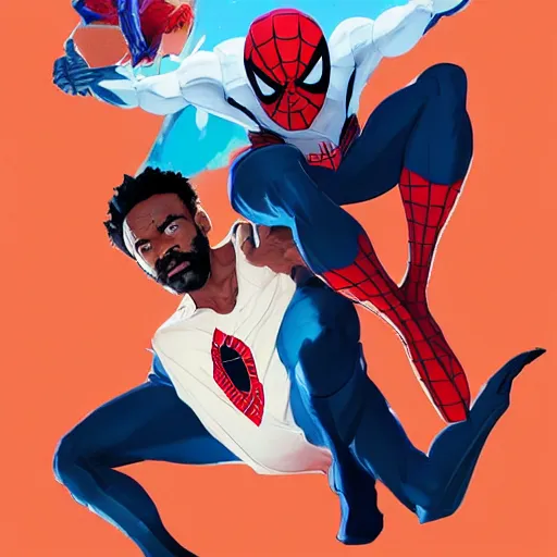 Image similar to donald glover as spiderman, art gta 5 cover, official fanart behance hd artstation by jesper ejsing, by rhads, makoto shinkai and lois van baarle, ilya kuvshinov, ossdraws, and by feng zhu and loish and laurie greasley, victo ngai, andreas rocha, john harris