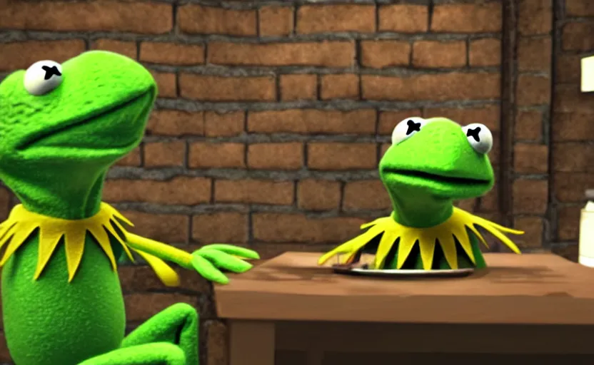 Prompt: kermit the frog in among us, gameplay screenshot