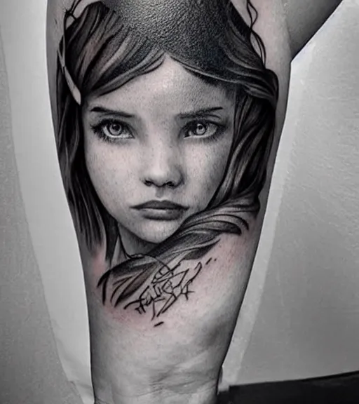 Image similar to a beautiful girl portrait, faded mountain background, realism tattoo, in the style of den yakovlev, black and white, hyper realistic, highly detailed