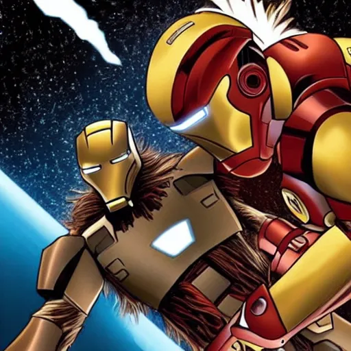 Prompt: iron man fighting chewbacca