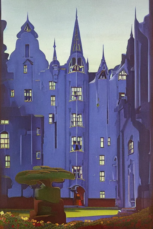 Image similar to view of the mysterious blue tower in its gardens after a storm, tall windows lit up, beautiful ornamental architecture, dramatic cinematic lighting, rich colors, by Nicholas Roerich and William Dyce and Ludwig Deutsch and April Gornik and Sylvain Sarrailh