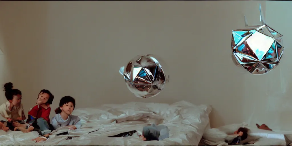 Prompt: flight of the navigator trimaxion drone ship, chrome metallic ufo, floating inside a child's bedroom reflecting children's toys, film still, 3 5 mm