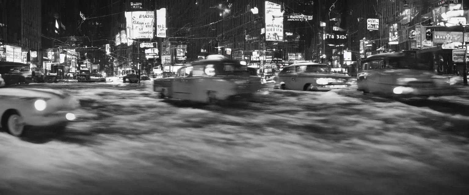 Image similar to detailed sharp photograph in the style of popular science circa 1 9 5 5 and gregory crewdson of a taxi driver in a checker cab in the snow on broadway at night 1 5 0 mm lens close up