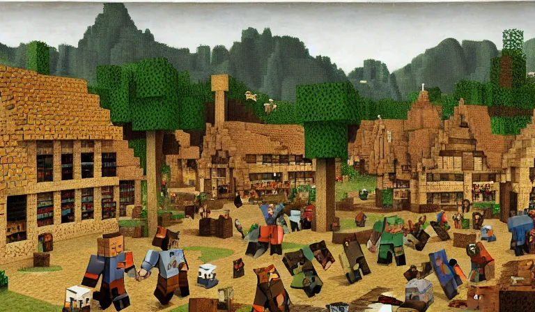 Image similar to a minecraft village, by pieter bruegel the elder