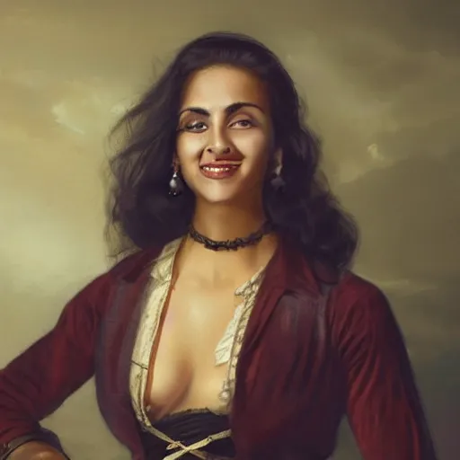 Image similar to laughing, beautiful, intelligent, tanned, female pirate captain 2 8 years old, 1 9 4 0 s haircut, fully clothed, wise, beautiful, masterful 1 8 0 0 s oil painting hanging at the louvre, dramatic lighting, sharp focus