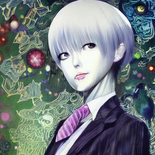 Image similar to yoshitaka amano realistic illustration of an anime girl with black eyes and short white hair wearing dress suit with tie and surrounded abstract junji ito style patterns in the background, blurry and dreamy illustration, noisy film grain effect, highly detailed, oil painting with expressive brush strokes, weird portrait angle